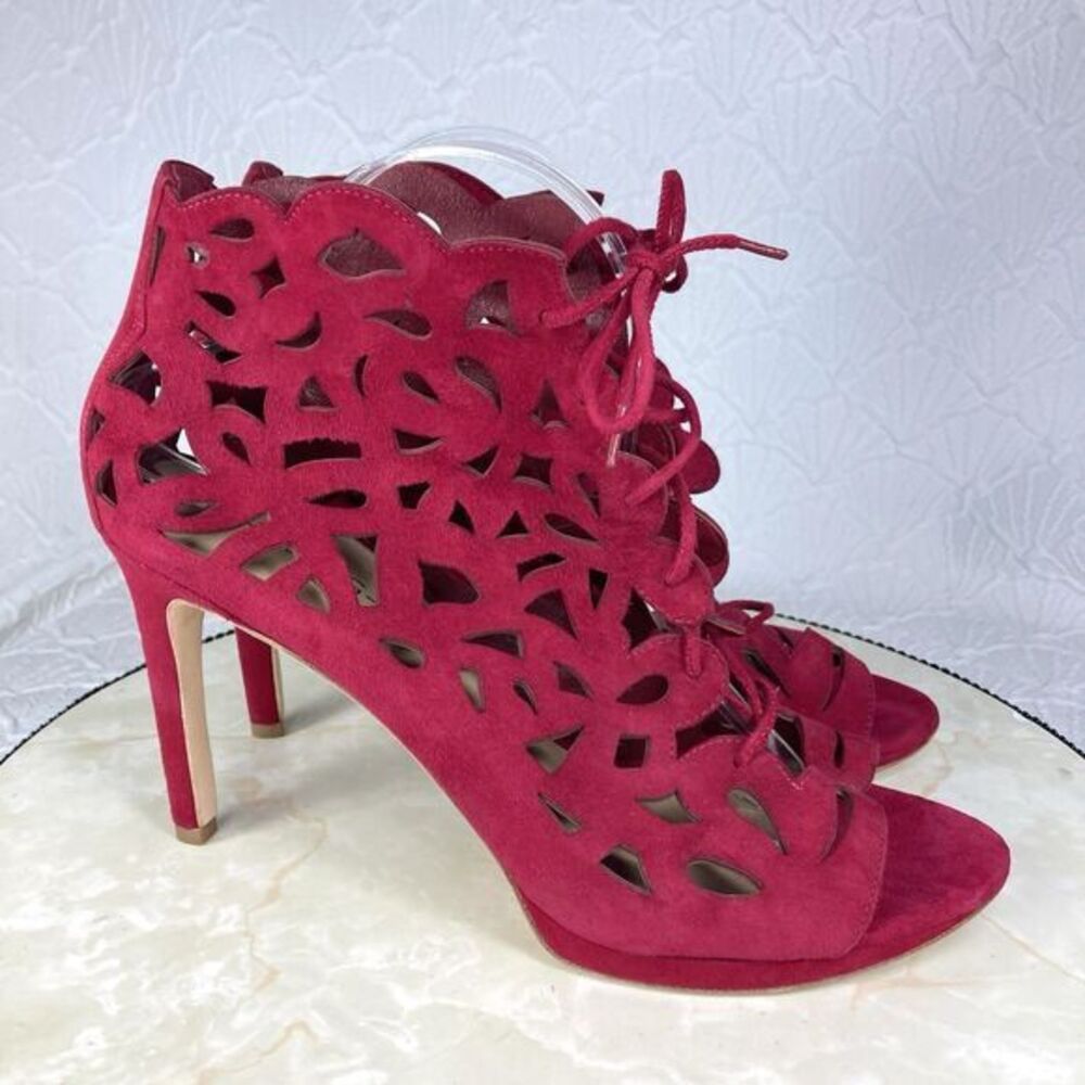 Via Spiga Sexy Cutout Stilettos Strappy Heels 11 Red Suede Sleek Eveningwear New